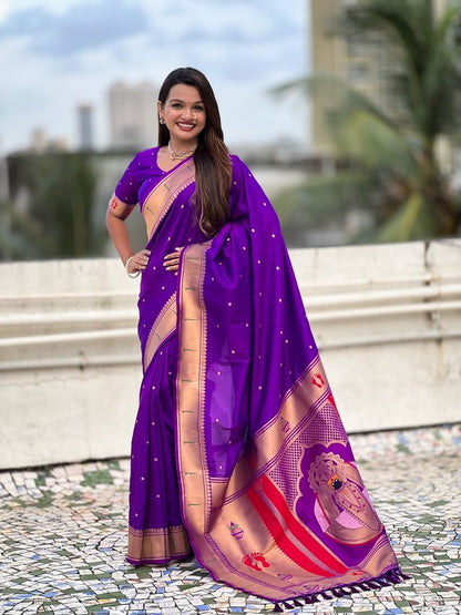 Purple Color Soft Silk Fabric Woven Paithani Designer Cultural Rich Saree