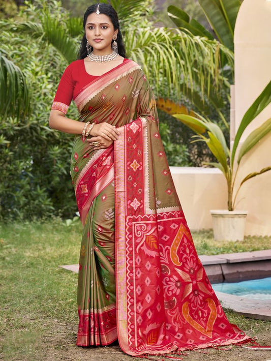 Mehandi Color Pochampalli Silk Fabric Ethnic Woven Designer Partywear Saree