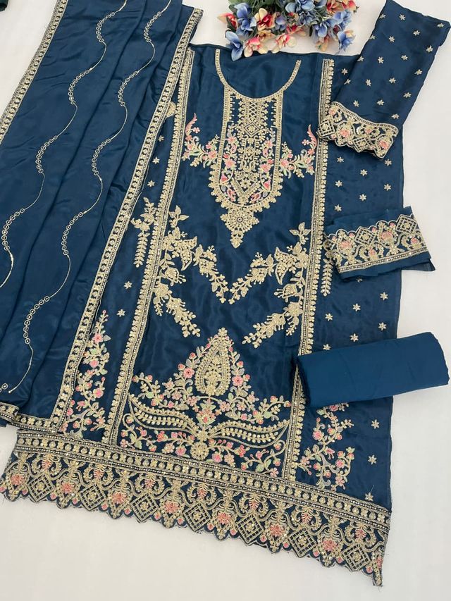 Teal Chinon Semi stitched Wedding Suits