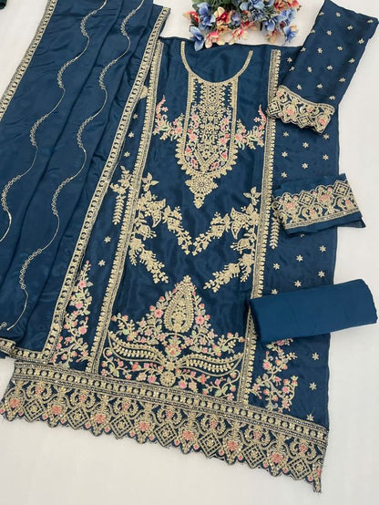 Teal Chinon Semi stitched Wedding Suits