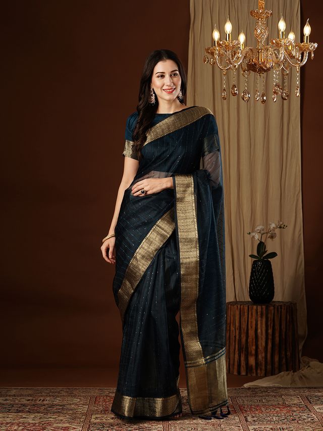 Nevy Blue Color Girlie Organza Fabric Woven Jacquard Designer Saree