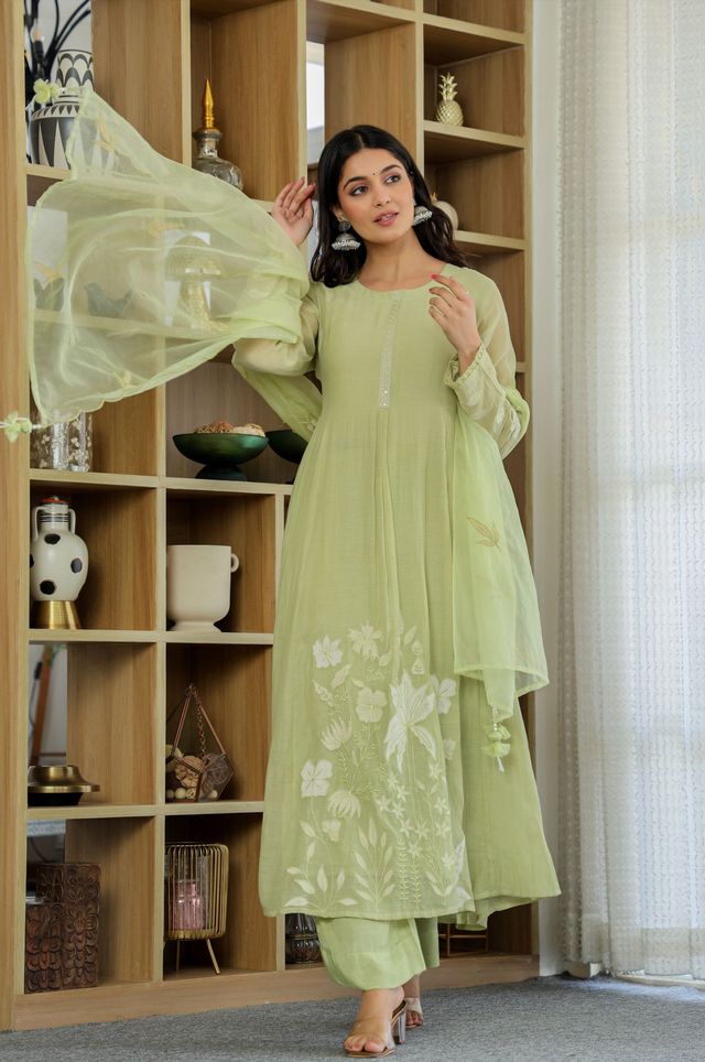 Pista Color Chanderi Silk Fabric Designer Ethnic Readymade Kurta Set