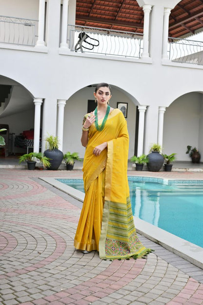 Mustard Color Khadi Raw Silk Fabric Woven Meena Rich Pallu Border Designer Beautiful Saree