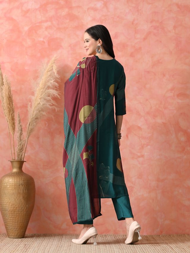 Teal Color Roman Silk Fabric Designer Partywear Readymade Suit 4235