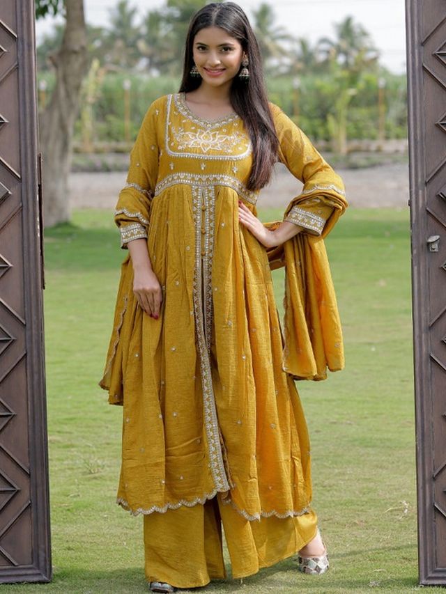 Mustard Color Viscose Silk Fabric Designer Embroidery Work Graceful Partywear Suit
