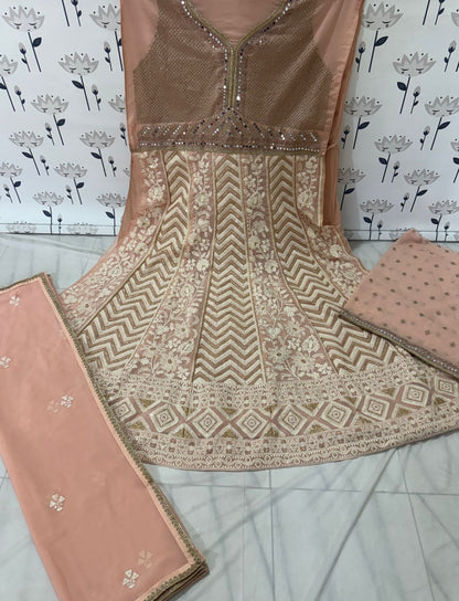 Cream Embroidered Viscose Jacquard Semi Stitched Anarkali Suit