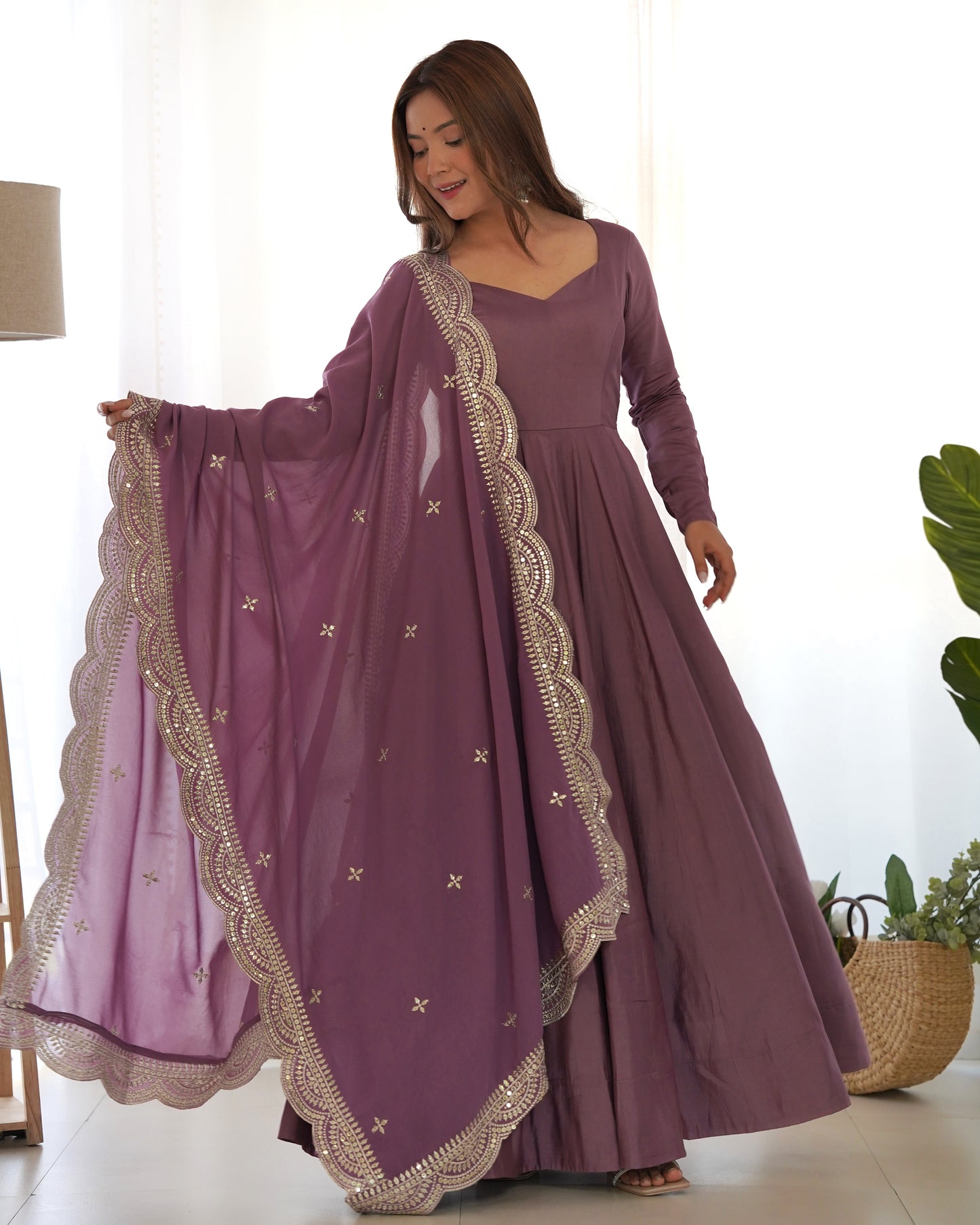 Women's Beautiful Solid Roman Silk Chanderi Fabric Flared Anarkali Pant and Dupatta Set