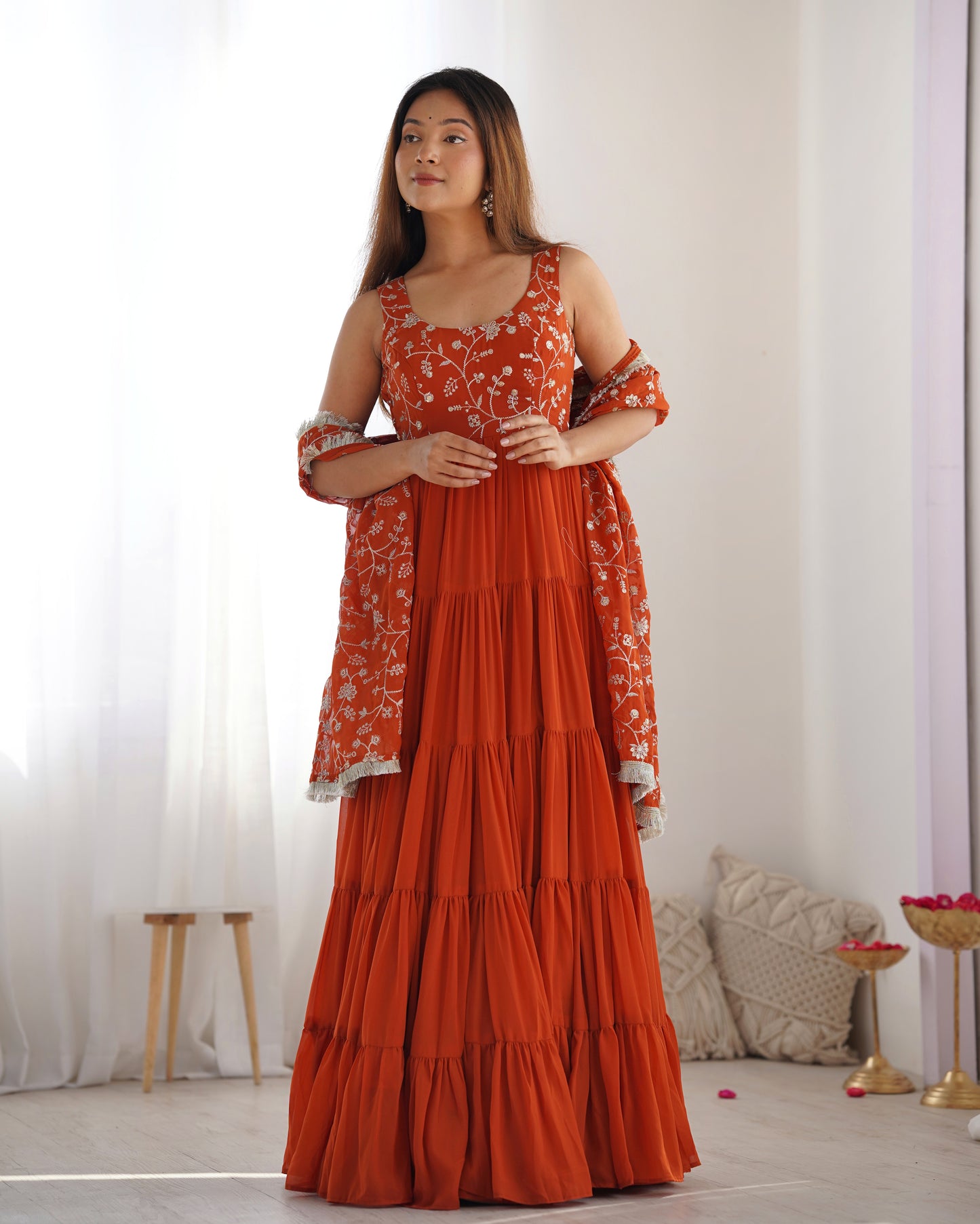 Women's Gorgeous Embroidery Work Fox Georgette Fabric Flared Anarkali Pant and Dupatta Set 49