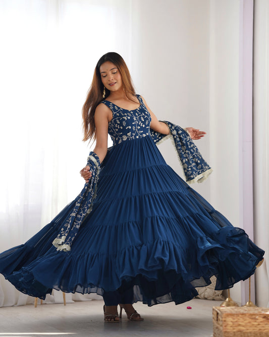 Women's Gorgeous Embroidery Work Fox Georgette Fabric Flared Anarkali Pant and Dupatta Set 49