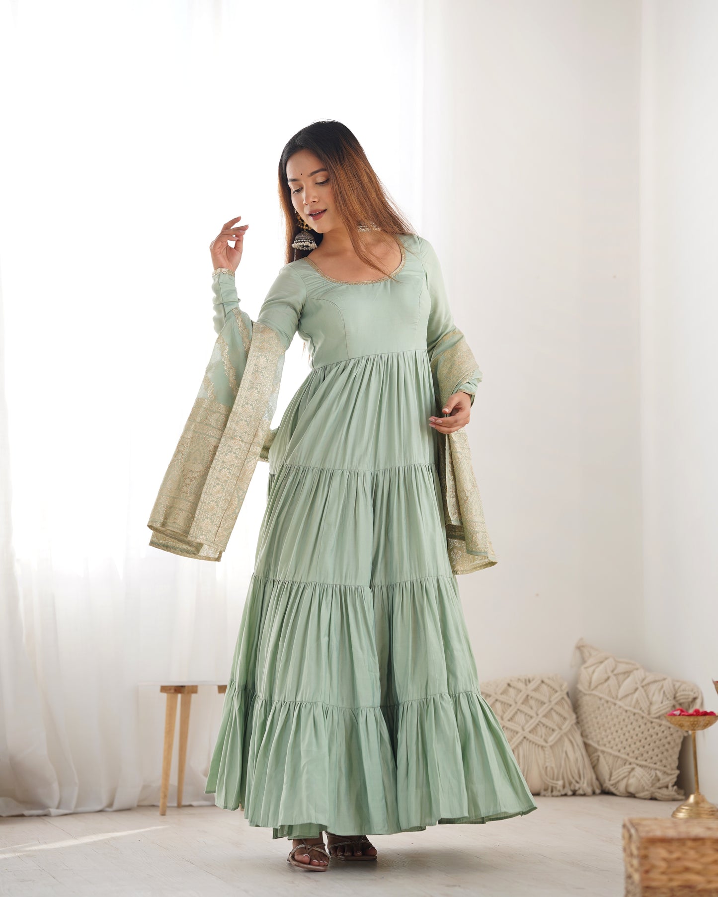 Women's Gorgeous Solid Roman Silk Chanderi Fabric Flared Anarkali Pant and Dupatta Set