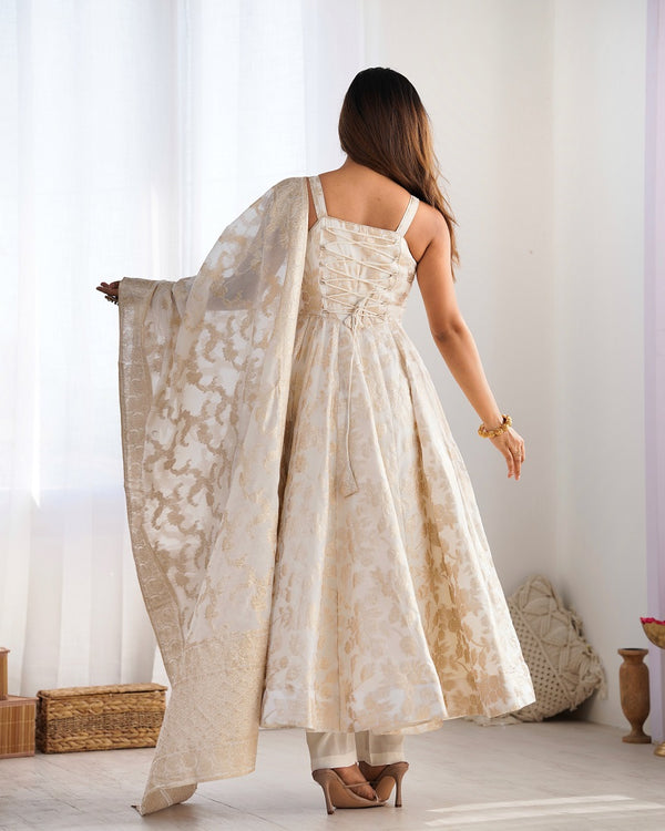 Off-White & Gold Jecqaurd banarasi Anarkali Kurta Set with Dupatta