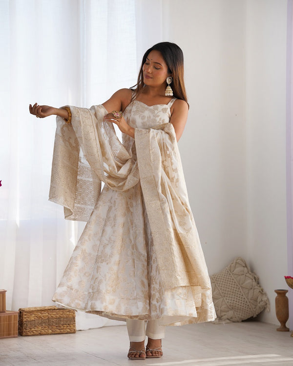 Off-White & Gold Jecqaurd banarasi Anarkali Kurta Set with Dupatta