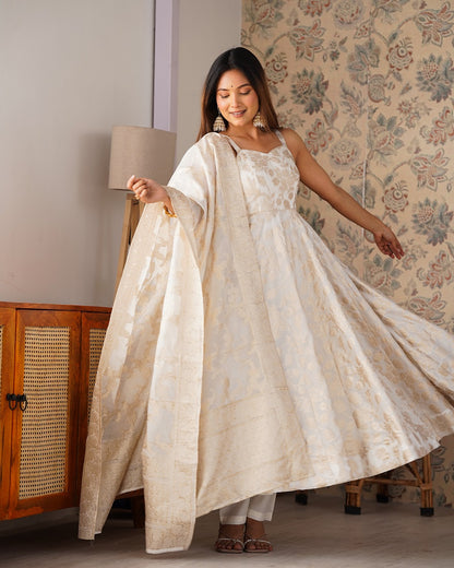 Off-White & Gold Jecqaurd banarasi Anarkali Kurta Set with Dupatta