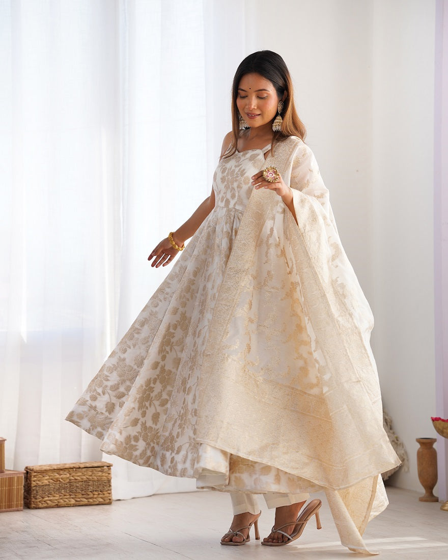 Off-White & Gold Jecqaurd banarasi Anarkali Kurta Set with Dupatta