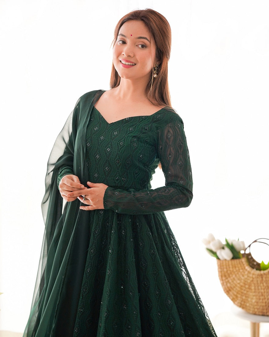 Green Pure Faux Georgette Lukhnowi Sequence Work Anarkali Set