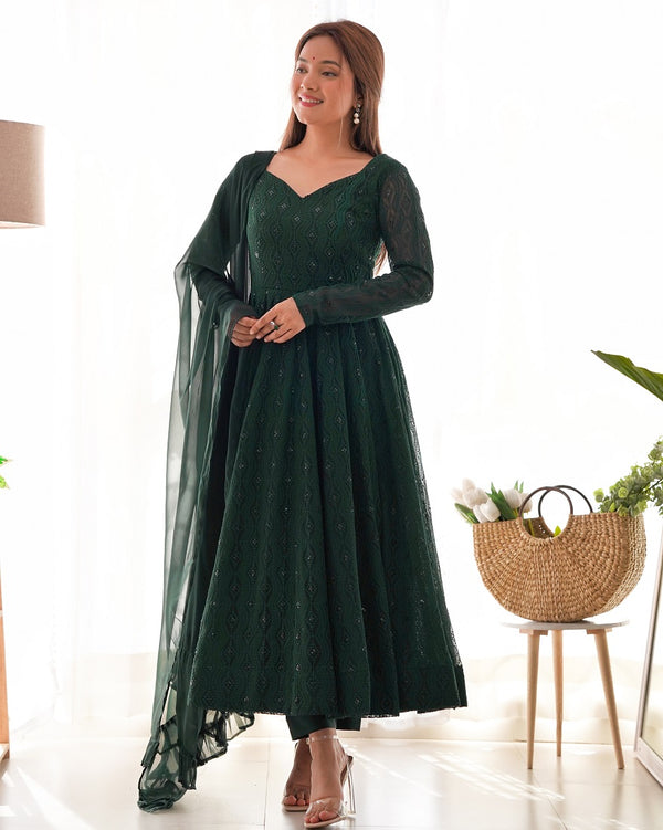 Green Pure Faux Georgette Lukhnowi Sequence Work Anarkali Set