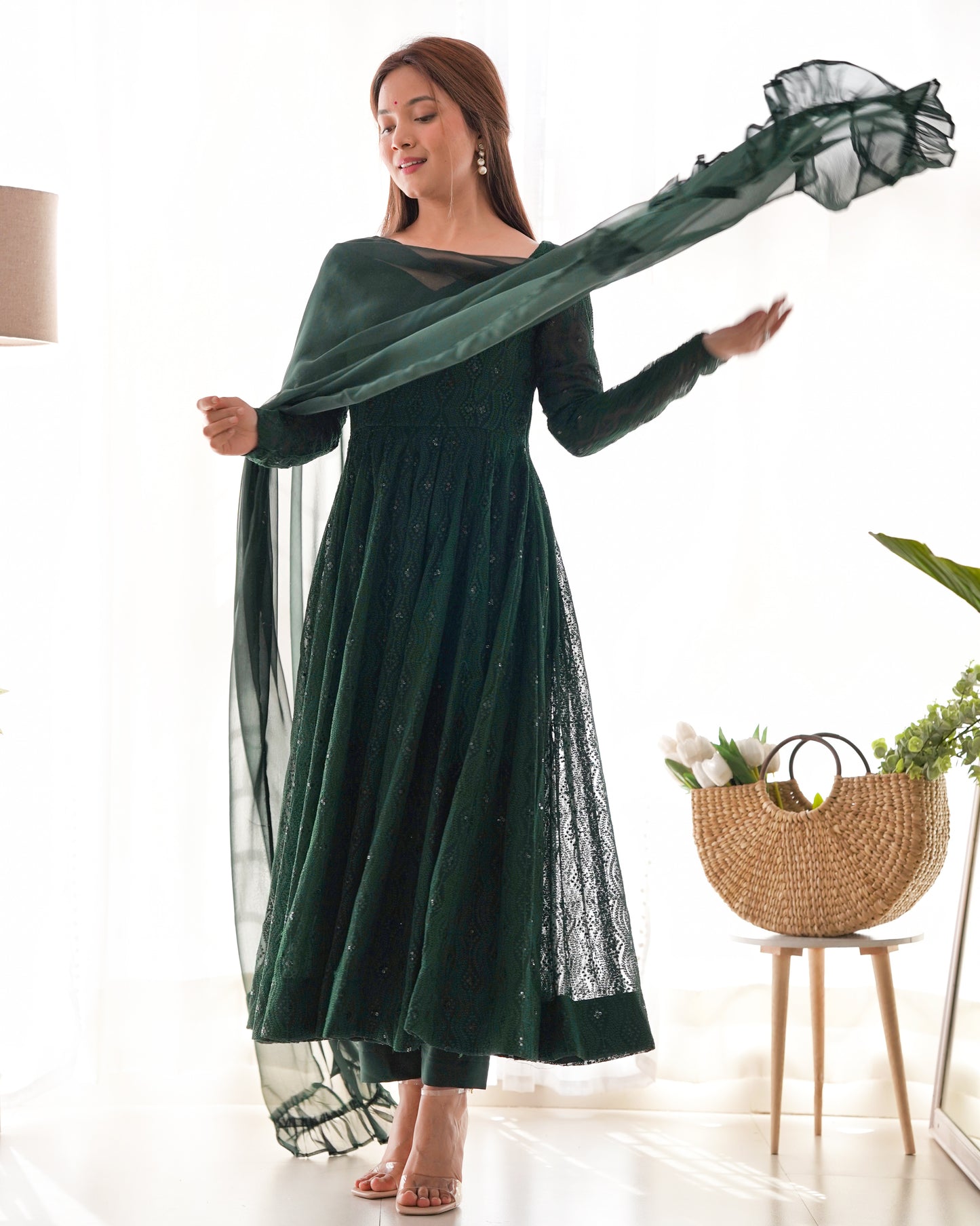 Women's Gorgeous Embroidery Fox Georgette Fabric Flared Anarkali Pant and Dupatta Set 58