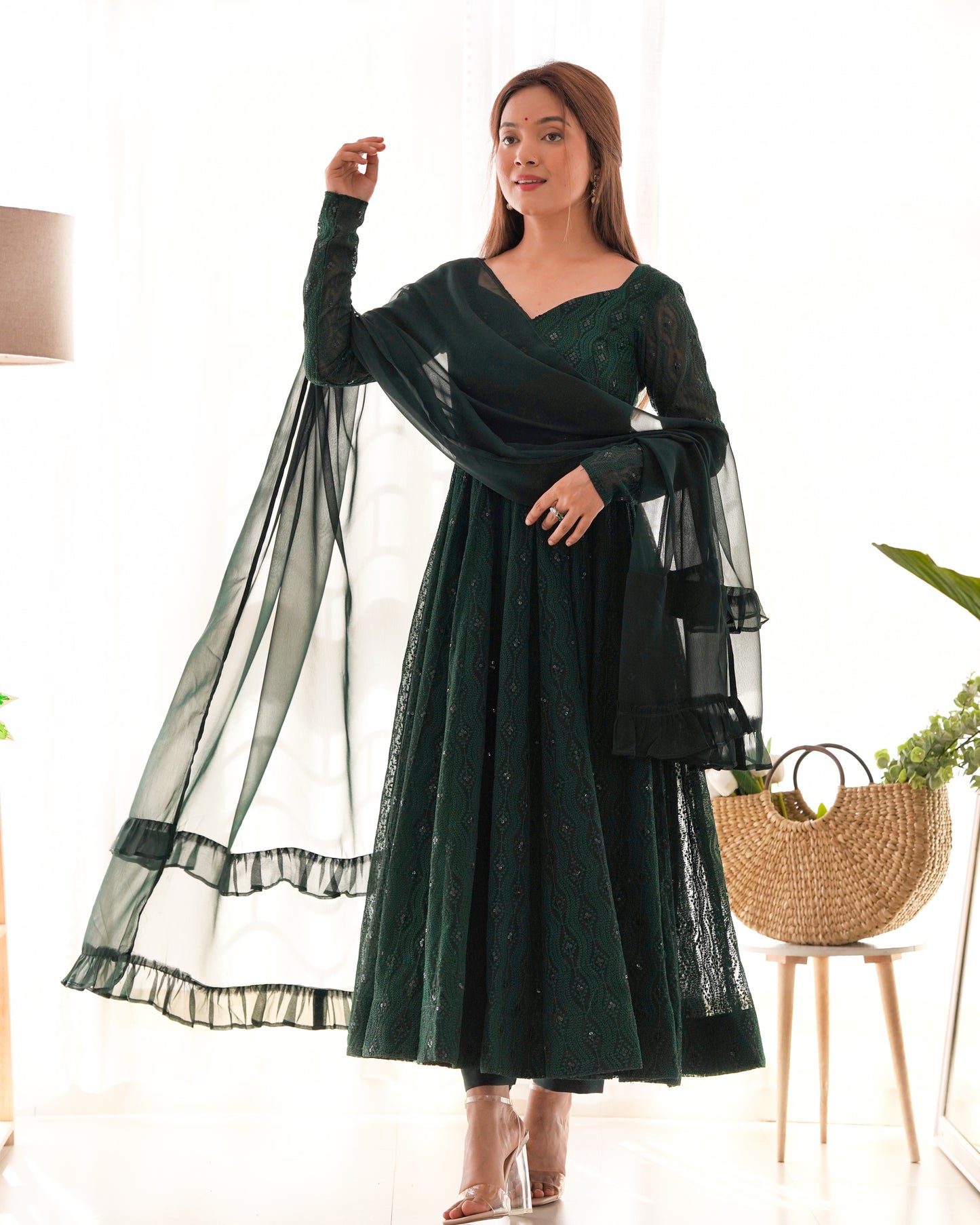 Women's Gorgeous Embroidery Fox Georgette Fabric Flared Anarkali Pant and Dupatta Set 58