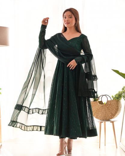 Women's Gorgeous Embroidery Fox Georgette Fabric Flared Anarkali Pant and Dupatta Set 58