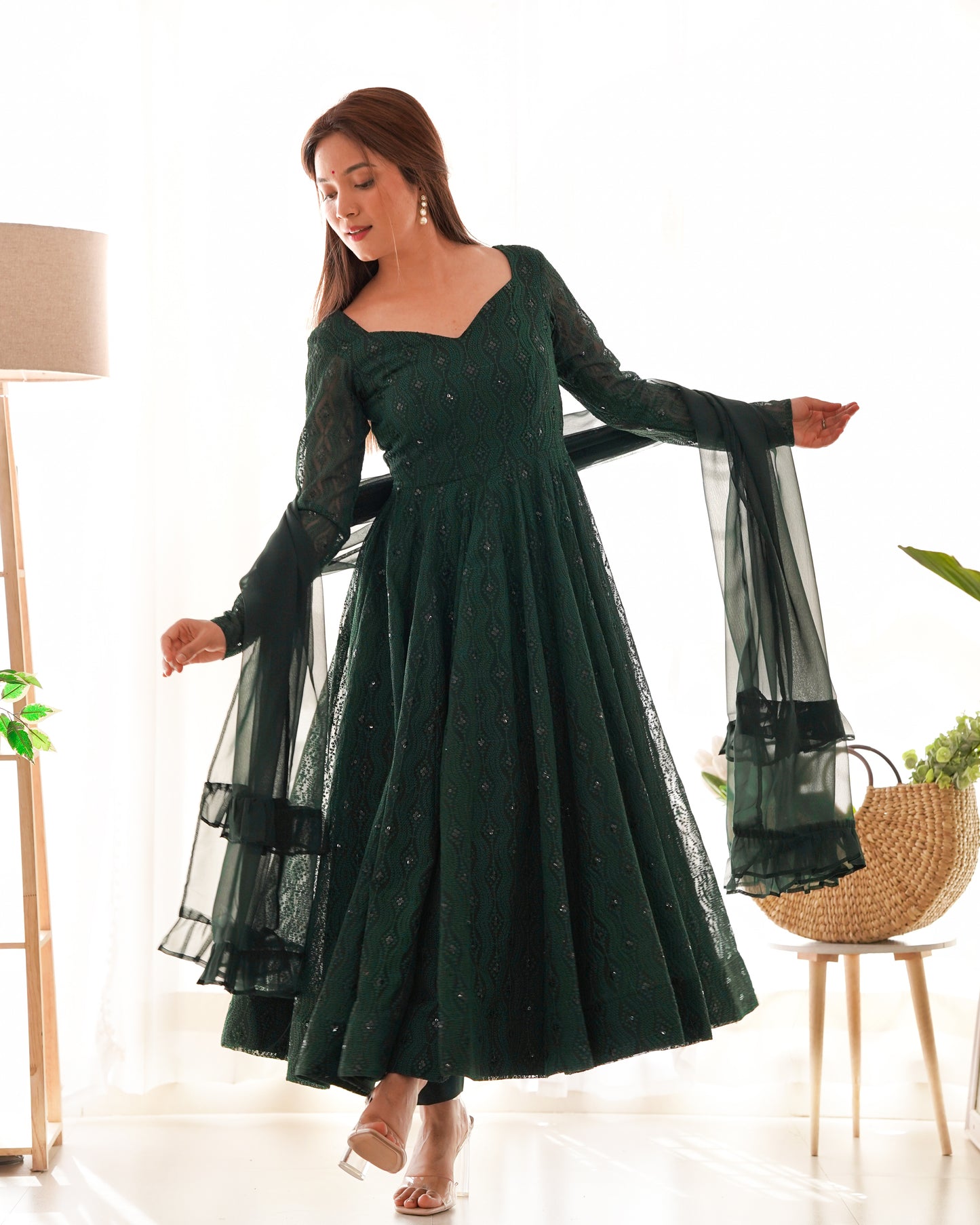 Women's Gorgeous Embroidery Fox Georgette Fabric Flared Anarkali Pant and Dupatta Set 58
