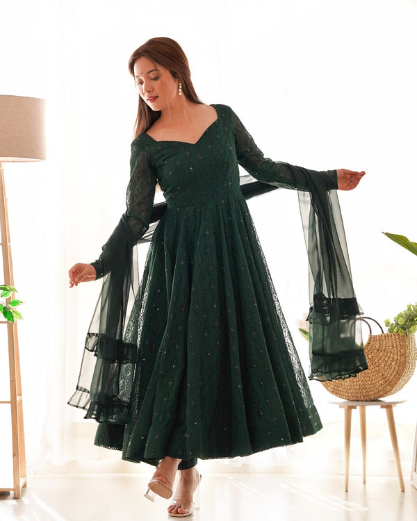Green Pure Faux Georgette Lukhnowi Sequence Work Anarkali Set
