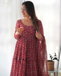 Women's Beautiful Printed Fox Georgette Fabric Flared Anarkali Pant and Dupatta Set