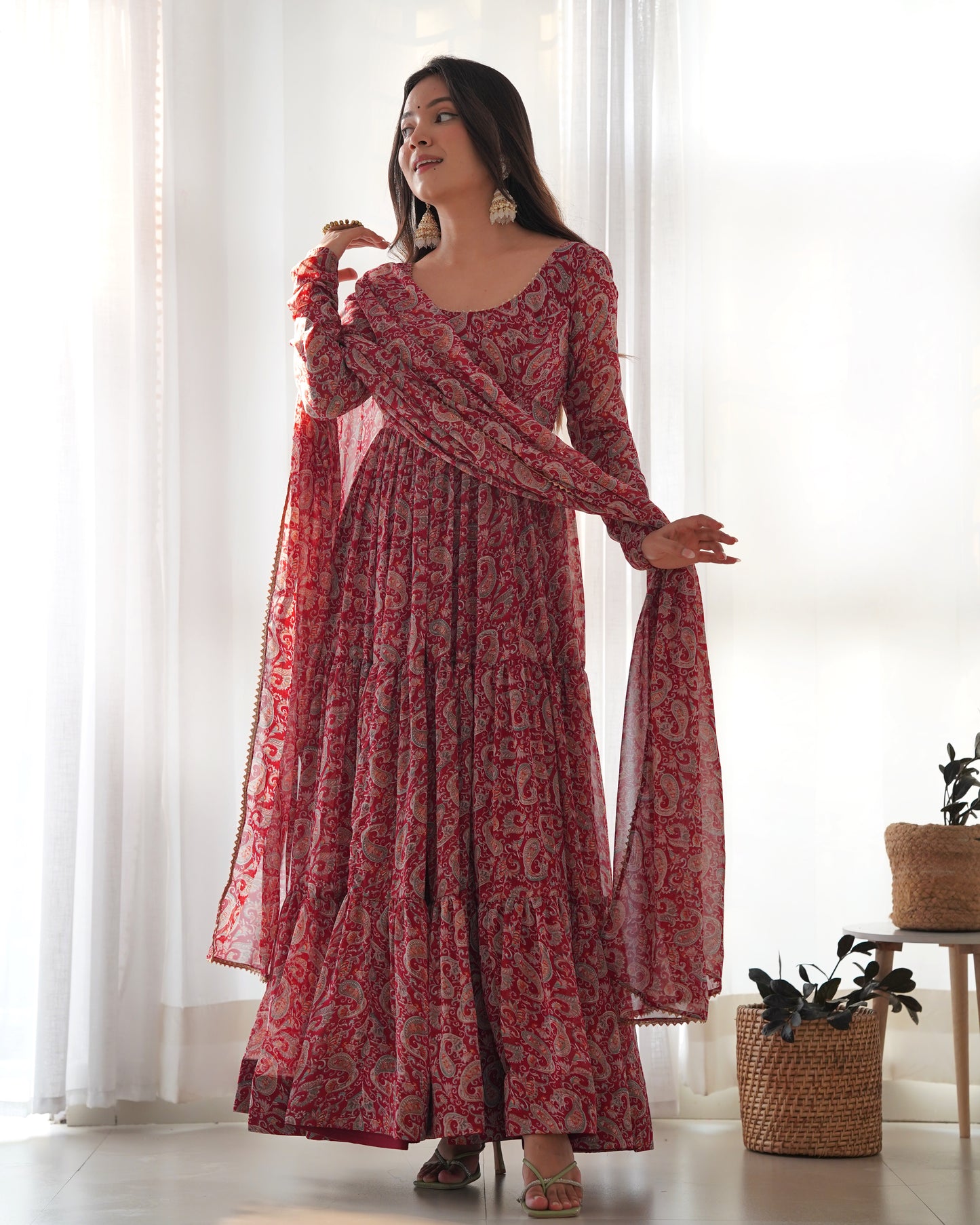 Women's Beautiful Printed Fox Georgette Fabric Flared Anarkali Pant and Dupatta Set