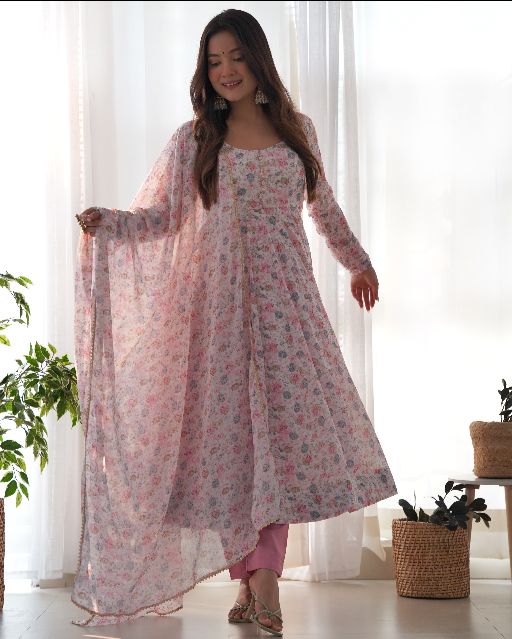 Women's Beautiful Floral Printed Chiffon Fabric Flared Anarkali Pant and Dupatta Set