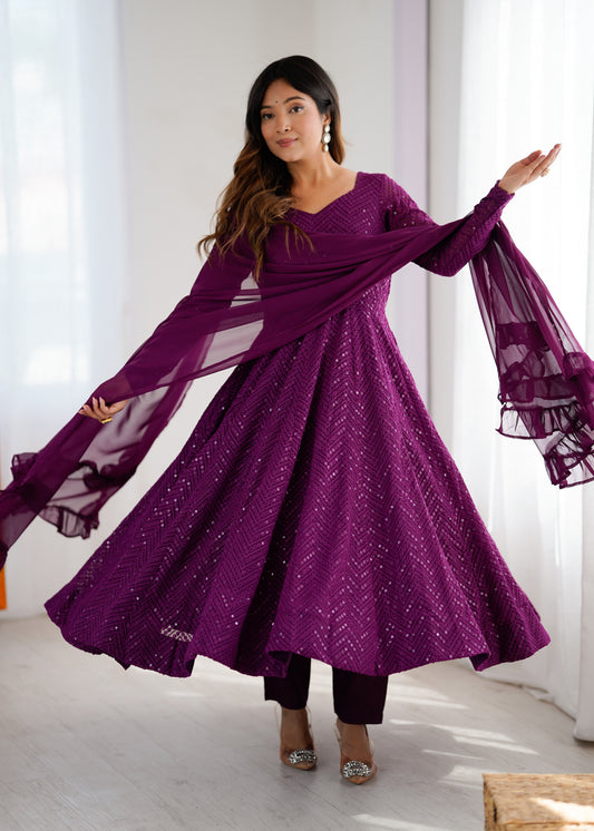 Women's Gorgeous Embroidery Fox Georgette Fabric Flared Anarkali Pant and Dupatta Set