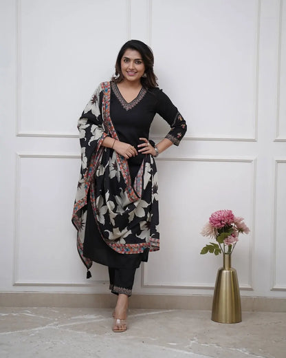 Women's Beautiful Viscose Silk Fabric Embroidery Work Straight Kurta Pant and Dupatta Set