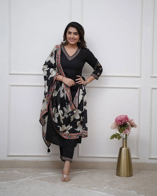 Women's Beautiful Viscose Silk Fabric Embroidery Work Straight Kurta Pant and Dupatta Set