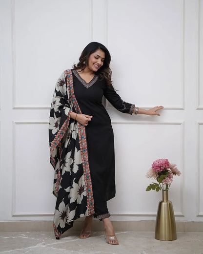 Women's Beautiful Viscose Silk Fabric Embroidery Work Straight Kurta Pant and Dupatta Set