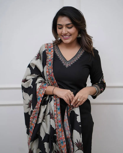 Women's Beautiful Viscose Silk Fabric Embroidery Work Straight Kurta Pant and Dupatta Set