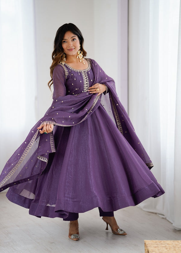 Lavender Crunchy Silk With Embroidered Zari Dori Work Anarkali Set