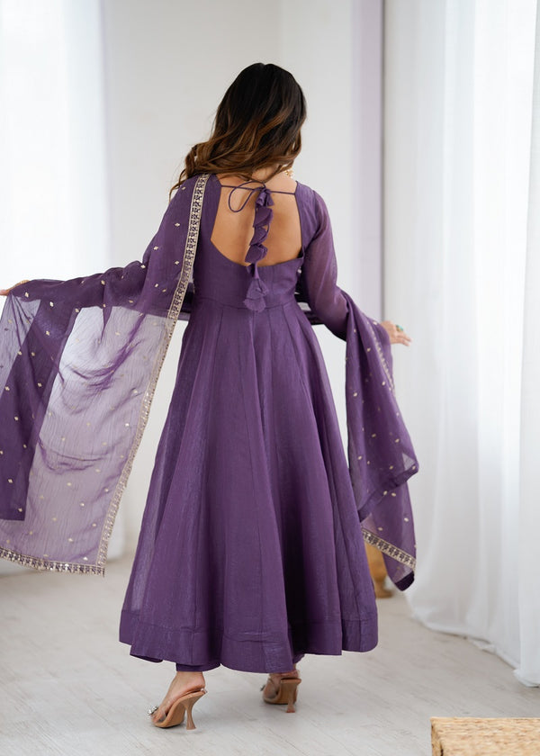 Lavender Crunchy Silk With Embroidered Zari Dori Work Anarkali Set
