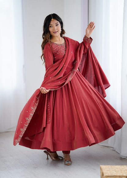 Women's Gorgeous Embroidery Chanderi Silk Fabric Flared Anarkali Pant and Dupatta Set