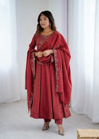 Women's Gorgeous Embroidery Chanderi Silk Fabric Flared Anarkali Pant and Dupatta Set