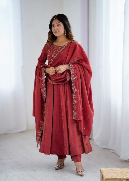 Women's Gorgeous Embroidery Chanderi Silk Fabric Flared Anarkali Pant and Dupatta Set
