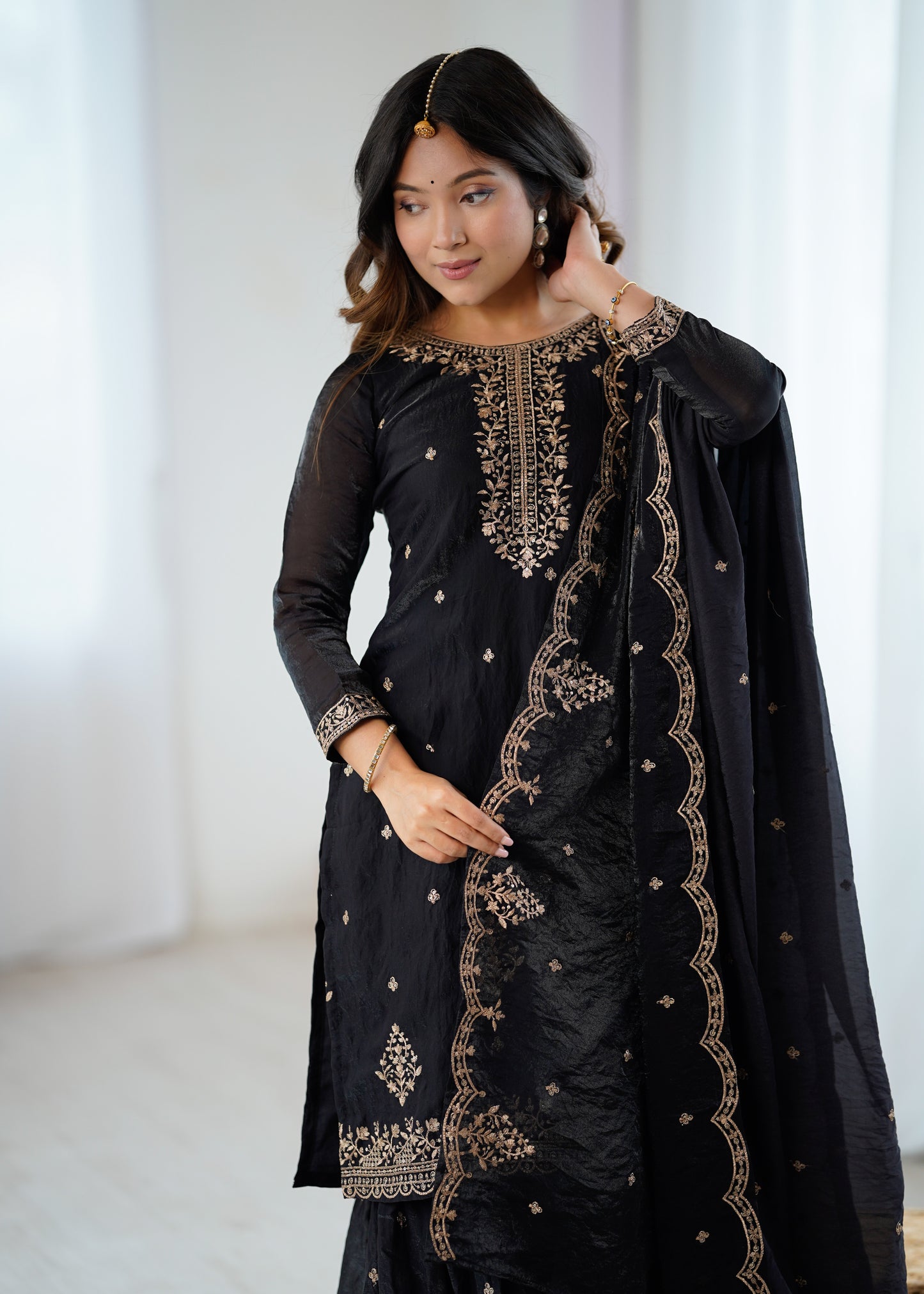 Women's Gorgeous Embroidery Crunchy Silk Fabric Straight Kurta Sharara and Dupatta Set