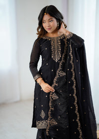 Women's Gorgeous Embroidery Crunchy Silk Fabric Straight Kurta Sharara and Dupatta Set