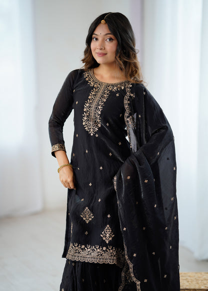Women's Gorgeous Embroidery Crunchy Silk Fabric Straight Kurta Sharara and Dupatta Set