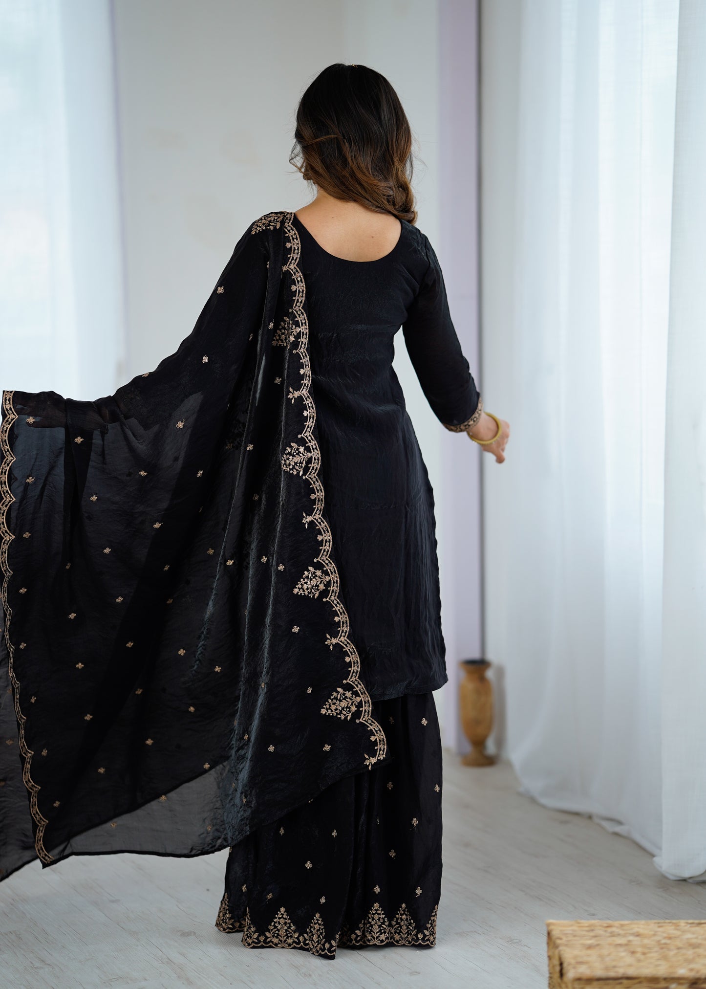 Women's Gorgeous Embroidery Crunchy Silk Fabric Straight Kurta Sharara and Dupatta Set