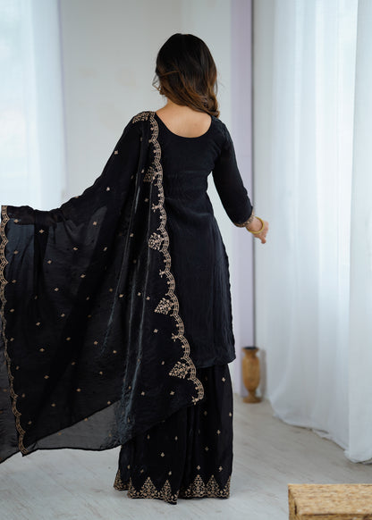 Women's Gorgeous Embroidery Crunchy Silk Fabric Straight Kurta Sharara and Dupatta Set