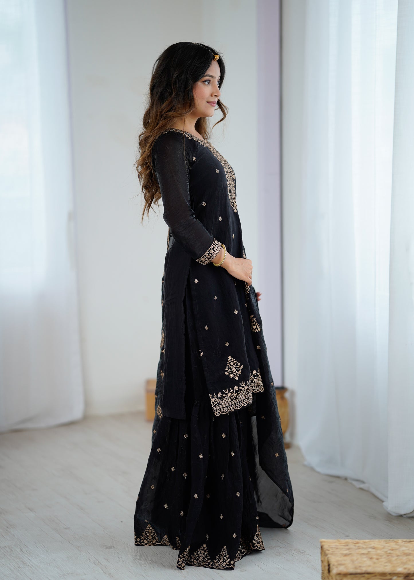 Women's Gorgeous Embroidery Crunchy Silk Fabric Straight Kurta Sharara and Dupatta Set