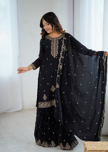 Women's Gorgeous Embroidery Crunchy Silk Fabric Straight Kurta Sharara and Dupatta Set