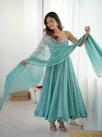 Women's Beautiful Embroidery Crunchy Silk Fabric Flared Anarkali Pant and Dupatta Set