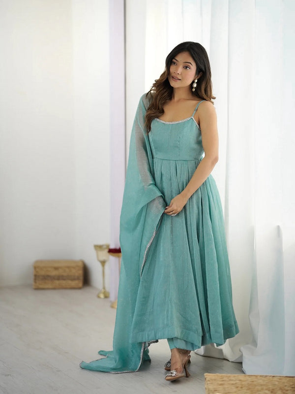 Skyblue Pure Crunchy Silk Plain with Siroski Work Anarkali Set