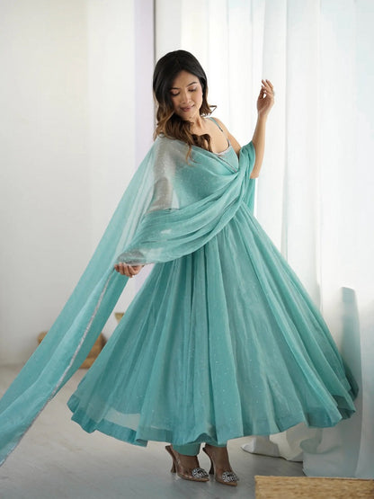 Skyblue Pure Crunchy Silk Plain with Siroski Work Anarkali Set
