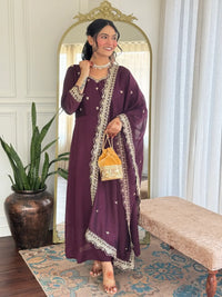 Women's Gorgeous Vichitra Silk Fabric Embroidery Work Flared Anarkali Pant and Dupatta Set