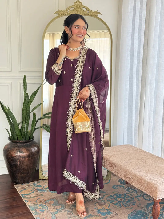 Women's Gorgeous Vichitra Silk Fabric Embroidery Work Flared Anarkali Pant and Dupatta Set